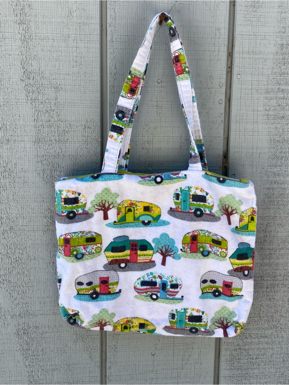 Handmade White Travel Trailer Print Lined Multipurpose Tote Bag